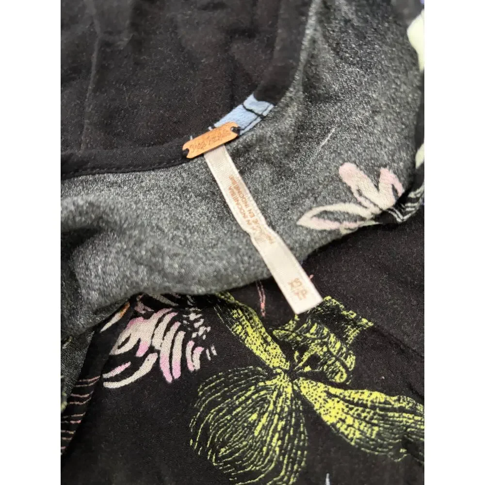 Free People Womens XS Floral Boho Tunic Dress Cold Shoulder Black Flowy Mini